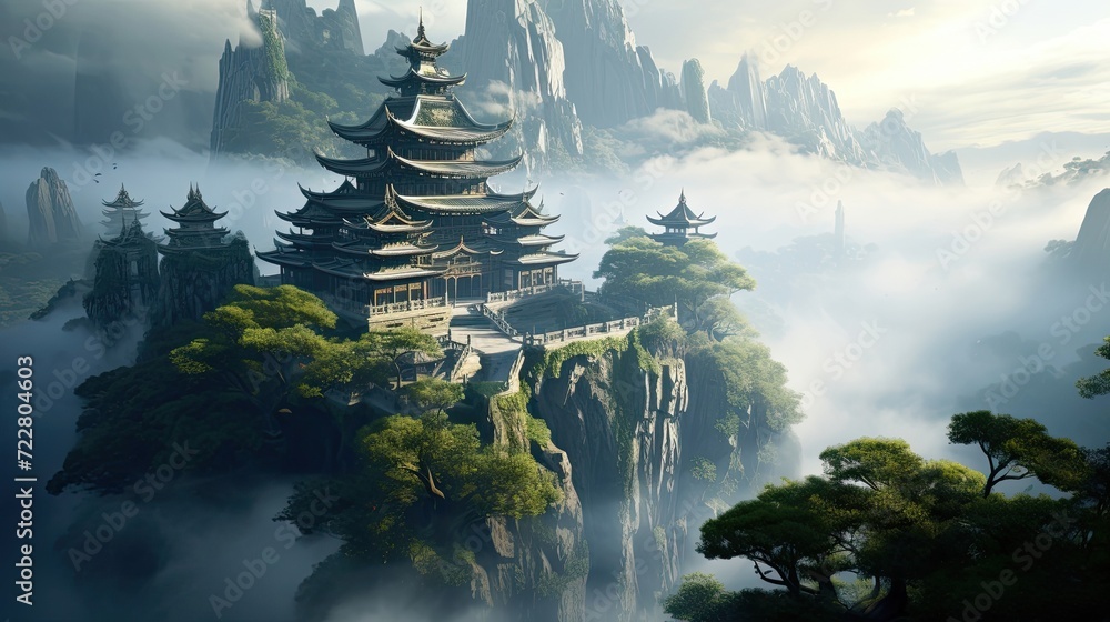 Tranquil mountain temple amidst morning mist, serene sanctuary atop misty peaks, peaceful dawn vista, mist-covered spiritual refuge. Generated by AI. - obrazy, fototapety, plakaty 