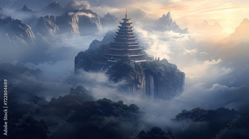 Tranquil temple nestled atop mist-covered mountain peaks, serene atmosphere, spiritual sanctuary, tranquil dawn, peaceful, misty landscape. Generated by AI.