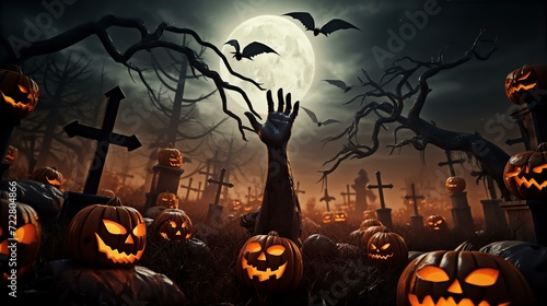 halloween, zombie, hand, rising, graveyard, cemetery, full moon, spooky night, mysterious, forest