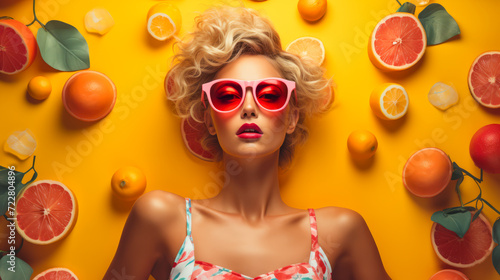 young woman in sunglasses on citruses fruits background. advert for perfume, summer resort