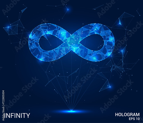The hologram is infinity. The infinity sign consists of polygons, triangles of points and lines. The infinity sign is a low-poly compound structure. Technology concept vector.