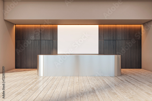 Sophisticated office reception with dark wood panels and metal desk. Contemporary mockup. 3D Rendering