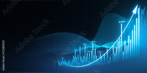 Creative growing business chart hologram on blurry blue background. Corporate future growth plan. 3D Rendering.