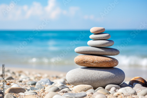 pile of stones on the beach, sea background