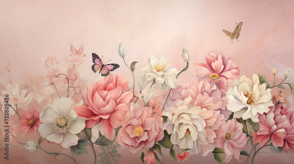 a painting of flowers and butterflies on wallpaper watercolor style