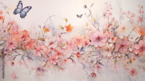 a painting of flowers and butterflies on wallpaper watercolor style © Yuwarin