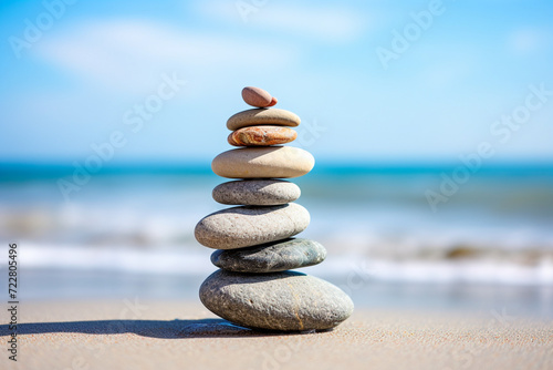 pile of stones on the beach, sea background