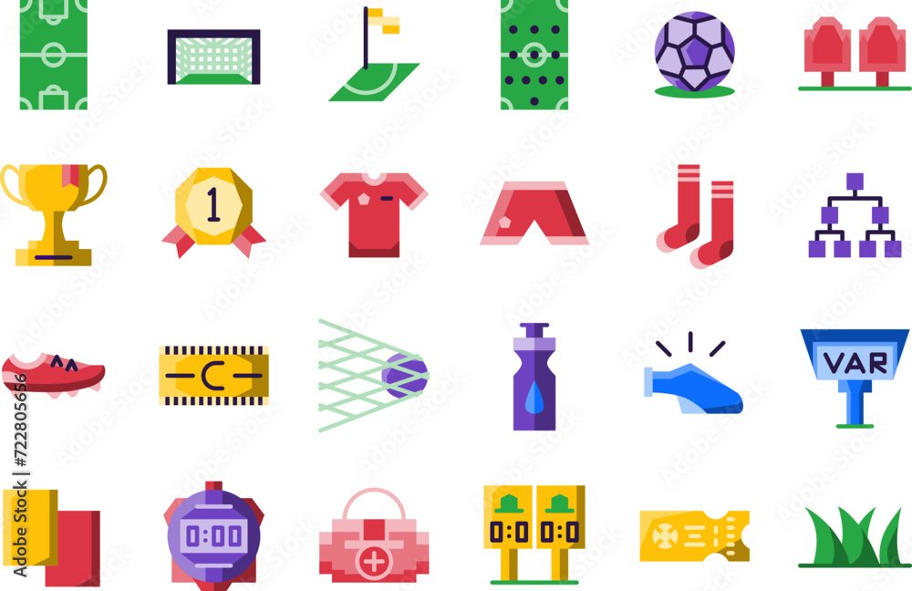 football icon set, contain symbol of score, league, corner, trophy, shirt, goal, net, torunament, etc. with the simplicity flat style.