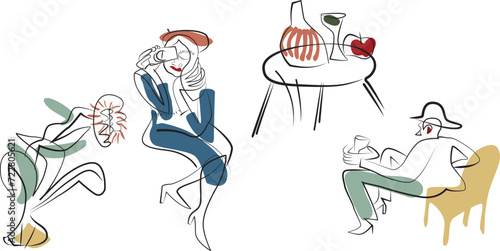 Abstract illustration of a woman and man sitting, drinking coffee talking on the phone taking pictures table with glass and bottle a flower and leaves