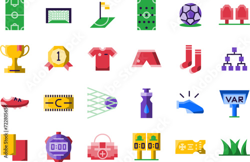 football icon set, contain symbol of score, league, corner, trophy, shirt, goal, net, torunament, etc. with the simplicity flat style.