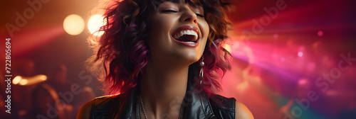 Portrait of a Female Rockstar Smiling Happily, With Loose Curly Red Hair