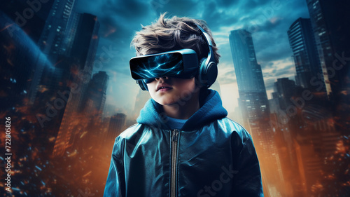 boy in VR and headphones on technology background