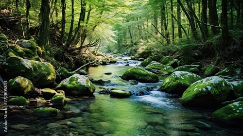 Fforest stream, where crystal-clear waters create a serene and calming atmosphere. Nature's beauty, clear stream, pristine water, serene ambiance. Generated by AI.