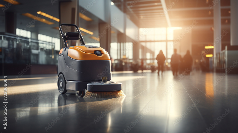 Cleaning hard floor with the cleaning machine in office Cleaning hard floor with the cleaning machine in office