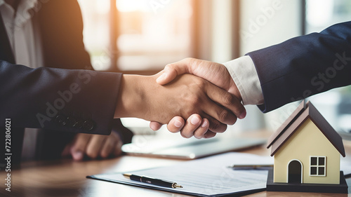 Close up estate agent shaking hands with buyer after signing the house contract in office photo