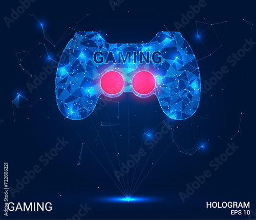 Hologram gaming. A gamepad made of polygons, triangles of dots and lines. Gaming is a low-poly compound structure. Technology concept vector.