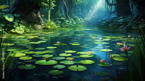 Tranquility of a pond surrounded by reeds and lily pads  with frogs adding to the serene atmosphere of this natural oasis. Tranquil pond  reeds  lily pads  frogs  serene atmosphere. Generated by AI.