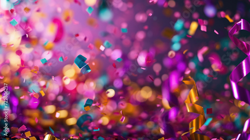 Festive explosion of colorful confetti in mid-air, with a blurred background enhancing the sense of movement and celebration.