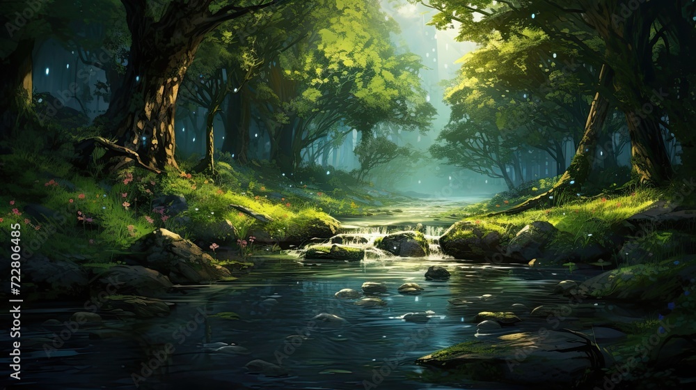 Woodland glade featuring a bubbling brook and mesmerizing fireflies, creating a serene atmosphere amidst nature's enchantment. Peaceful glade, bubbling brook, mesmerizing fireflies. Generated by AI. - obrazy, fototapety, plakaty 
