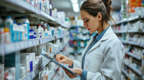Female pharmacist or healthcare professional taking inventory or reviewing a clipboard in a pharmacy with shelves stocked with various medications. photo