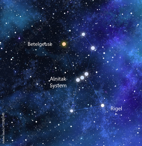Illustration of Orion constellation in night sky showing the bright stars Betelgeuse and rigel photo