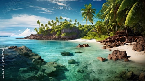 Beach surrounded by swaying palm trees and crystal-clear turquoise waters, providing a tranquil oasis for rejuvenation. Serene ambiance, palm trees, turquoise waters. Generated by AI.