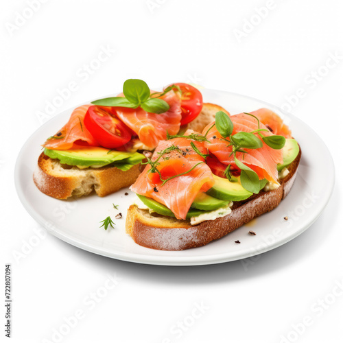 Two delicious bruschetta with salmon and avocado, on transparency background PNG