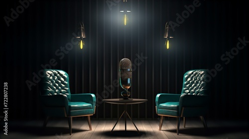 podcast, live, interview, room, chairs, microphones, isolated, dark background, studio, recording, conversation, broadcasting, communication, media, talk, conversation space, setup, equipment, audio, 