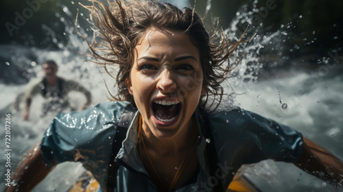 active female kayaker with an oar on the water