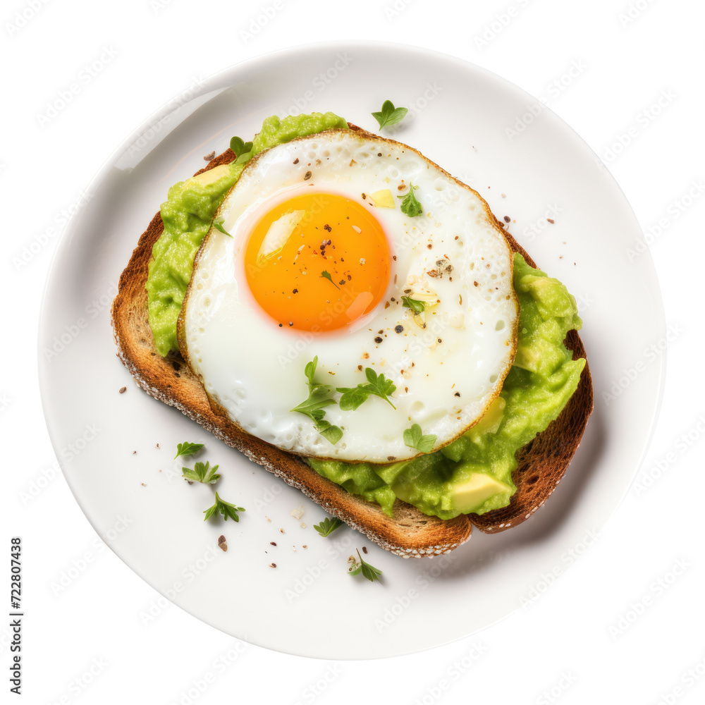 Delicious Plate of Avocado Toast with a Fried Egg, on transparency background PNG
