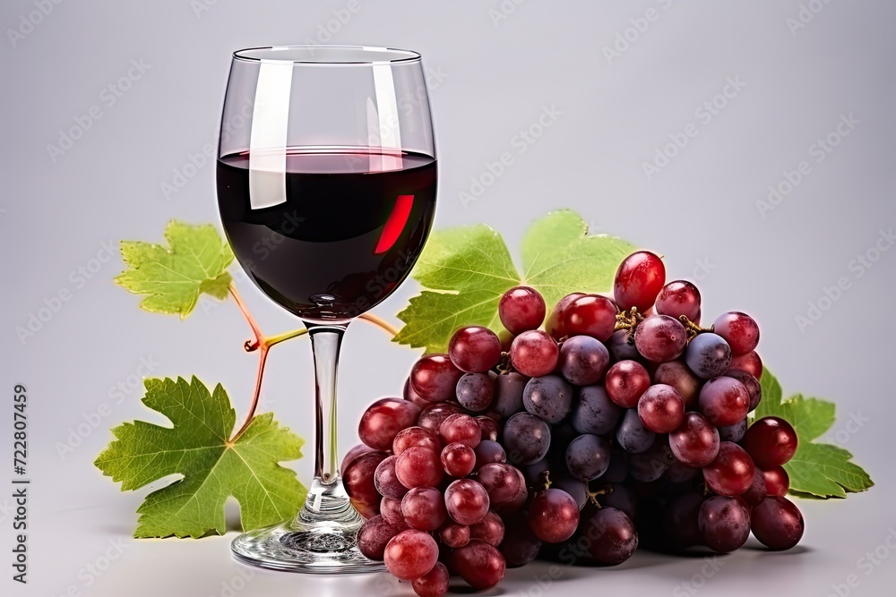 Red Wine Glass and Grapes Bunch Isolated, Red Wine on White Background, Grapevine Red Wine Glass and Grapes Bunch Isolated, Red Wine on White Background, Grapevine