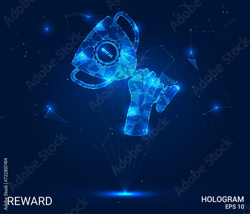 The hologram is a reward. The reward in the hand consists of polygons, triangles of dots and lines. The winner's cup is a low-poly compound structure. Technology concept vector.