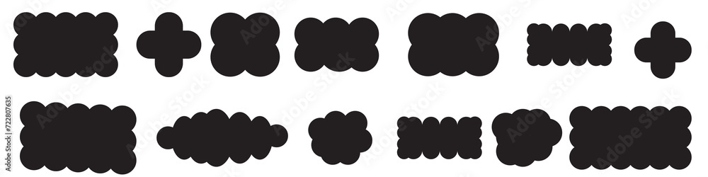 Scallop edge shapes - circle, square, oval, modern brutalism forms. Retro vawe swiss design elements with frill border. Vector illustration of aesthetic futuristic figures Scallop edge shapes - circle, square, oval, modern brutalism forms. Retro vawe swiss design elements with frill border. Vector illustration of aesthetic futuristic figures
