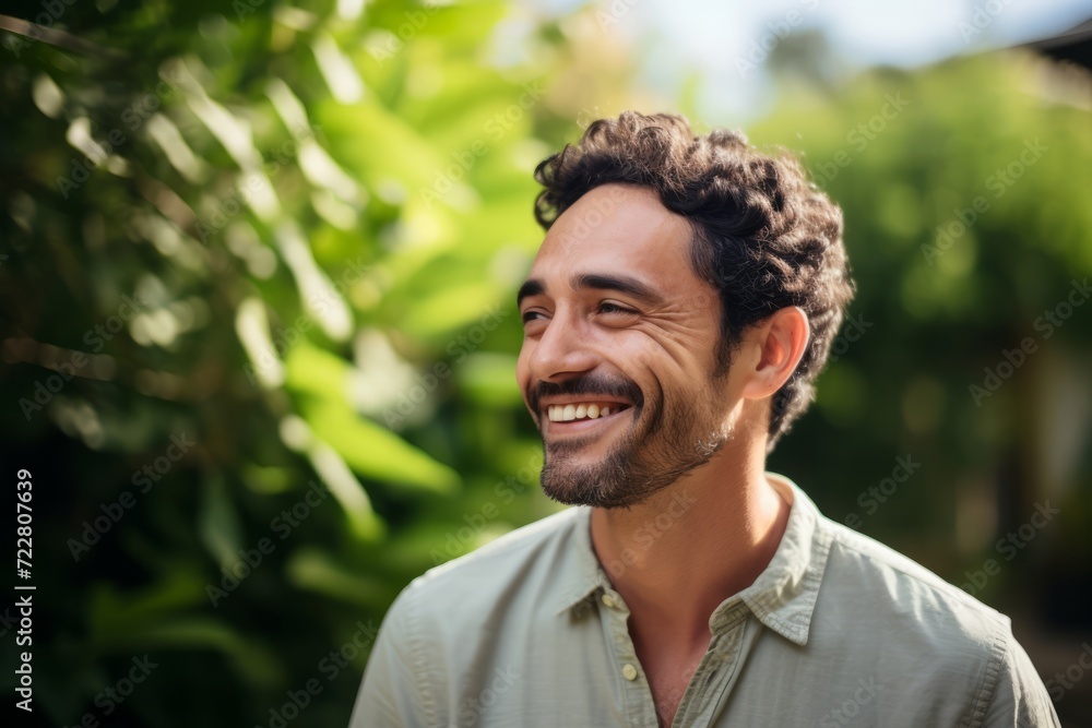 Portrait of a handsome man smiling in the garden. Outdoors Portrait of a handsome man smiling in the garden. Outdoors