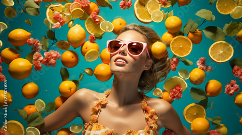 young woman in sunglasses on floating citruses fruits background. advert for perfume, summer resort