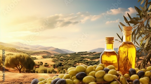 golden, olive oil, bottles, leaves, shine, elegance, reflection, kitchen, organic, gourmet photo