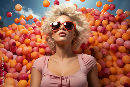 gorgeous summer girl in sunglasses on fruits background. summer cover advert for perfume or optic