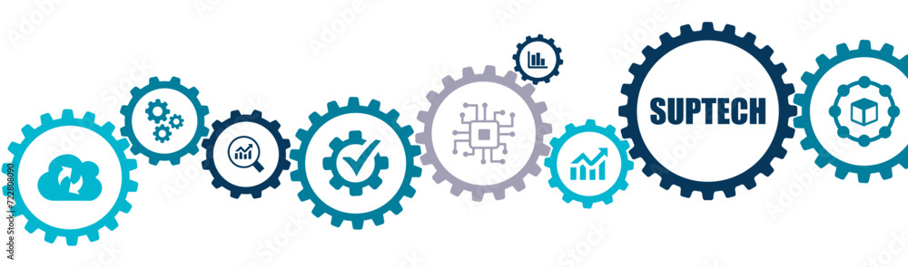 SupTech banner vector illustration with the icons of technology, supervisory regulation, RegTech, business, finance, cloud computing, compliance, analytics, FinTech, innovation on white background.