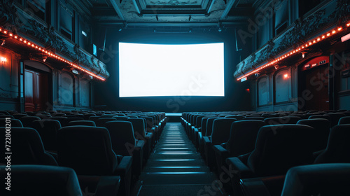 Empty cinema theater with rows of red seats facing a large blank movie screen, ready for a film to be projected. photo