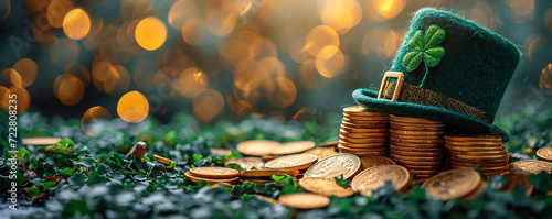 Close-up of gold coins and a green hat with a shamrock representing St. Patrick's Day festivities, St Patrick's Day Prosperity, invitation template, greeting card