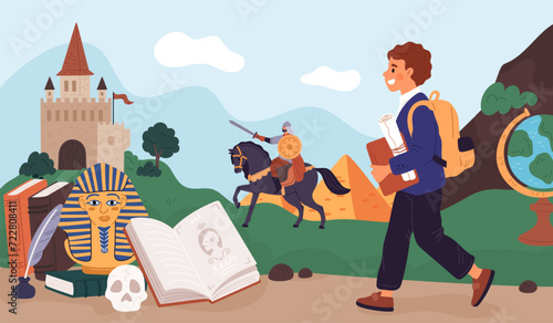 History lesson. Young student on knowledge path. Ancient civilizations elements. Pupil learning past centuries. Knight castle. Historical education. Egypt pyramid. Garish vector concept