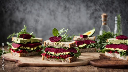 Vegan sandwiches with beetroot hummus. Sandwich with beet  avocado  and arugula