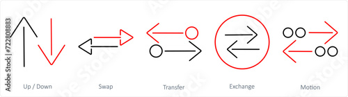 A set of 5 arrows icons as up down, swap, transfer