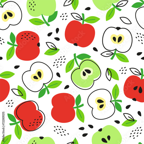 Vector hand drawn seamless pattern in a doodle style. Red and green apples on white background