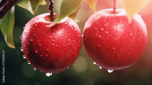 red, apples, dew, drops, apple, tree, close, up, fruit, nature, fresh, ripe, garden, close-up, green, juicy