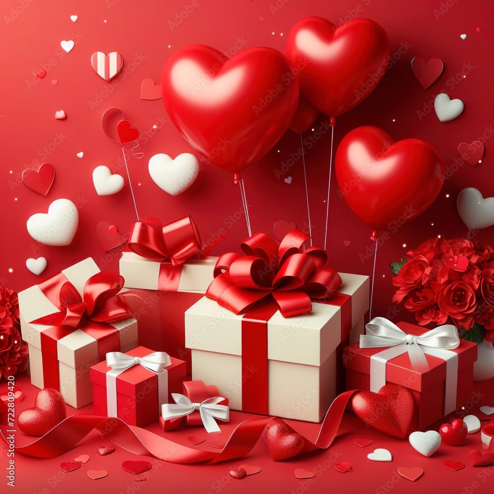 Red background with heartsballoons and gift packages with copy space