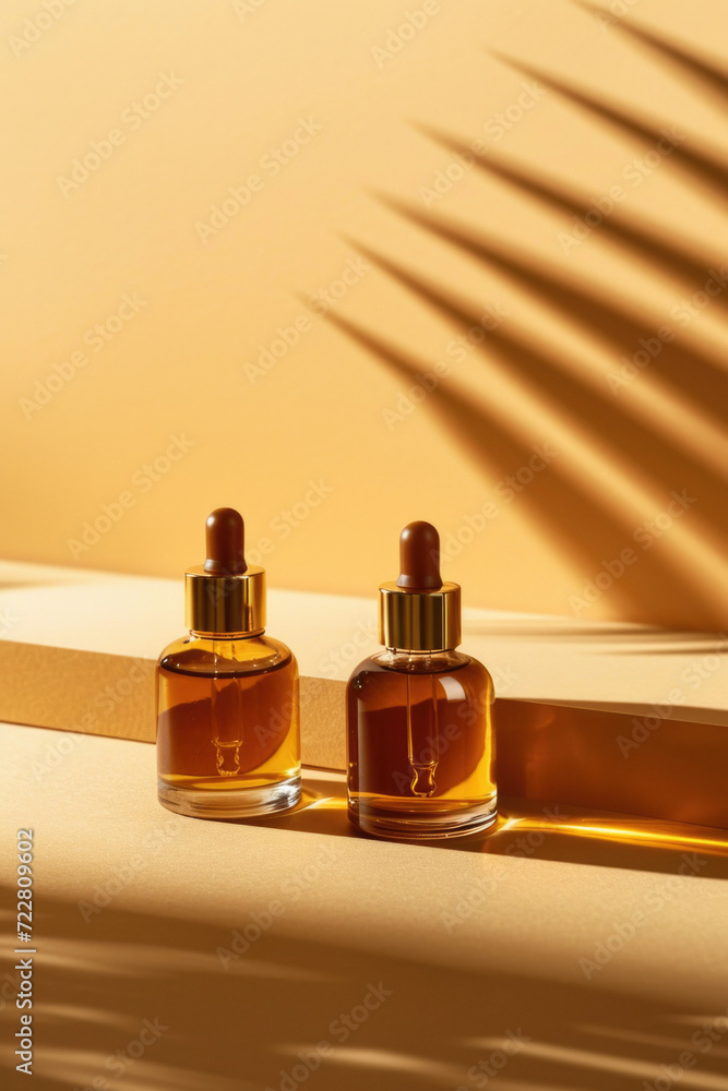 Mock up glass dropper bottle on a podium, with leaves and stones. Hard shadows. Cosmetic pipette on a white background Mock up glass dropper bottle on a podium, with leaves and stones. Hard shadows. Cosmetic pipette on a white background