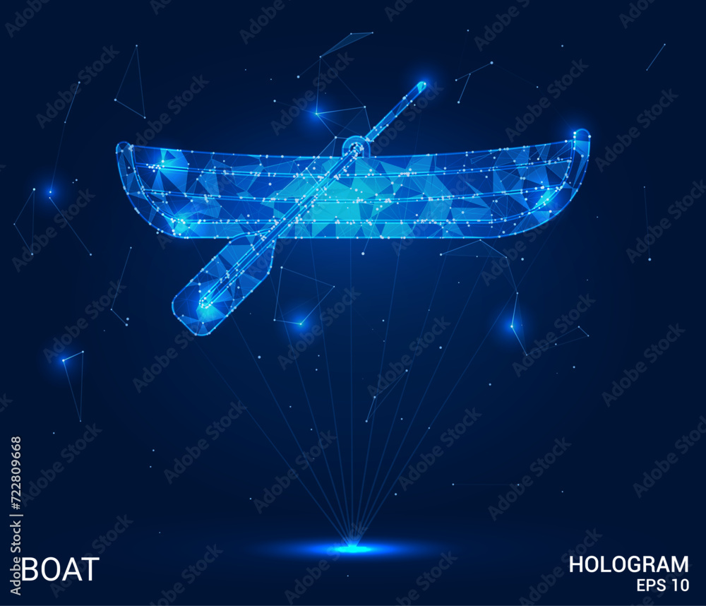 A hologram boat. A boat made of polygons, triangles of dots and lines. The boat has a low polygonal connection structure. Technology concept vector. A hologram boat. A boat made of polygons, triangles of dots and lines. The boat has a low polygonal connection structure. Technology concept vector.