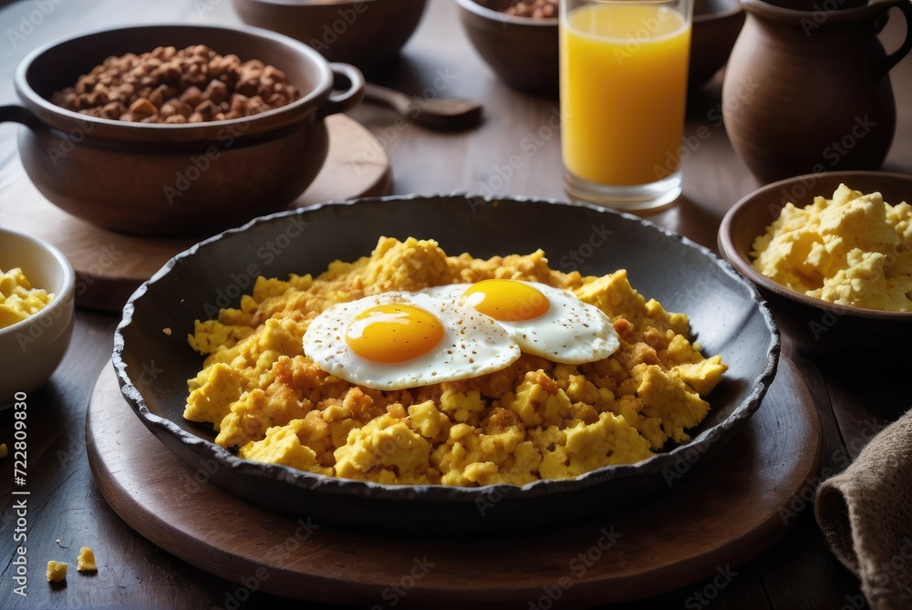 A breakfast dish made with torn pieces of injera sautéed with clarified butter, berbere spice, and sometimes scrambled eggs