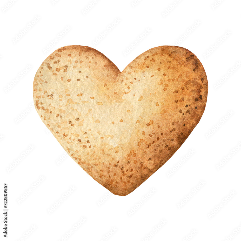 Fototapeta premium One heart-shaped cookie. Pastries drawn in watercolor, illustration for menu, label, packaging, bakery or cafe isolated on white background